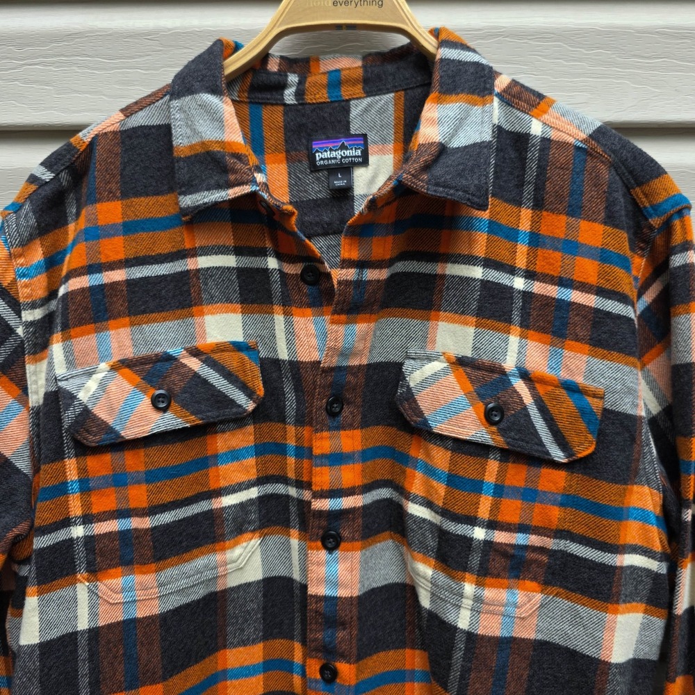 Patagonia Fjord Flannel Shirt Mens L Gray Orange Plaid Organic Cotton 53947